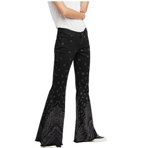 FREE PEOPLE Denim Super Flare Bandana Jeans, Black, Distressed Hem, Size 27